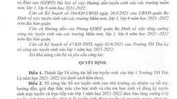 Quyết định thành lập tổ công tác hỗ trợ tuyển sinh vào lớp 1 trường Tiểu học Thủ Lệ năm học 2021-2022