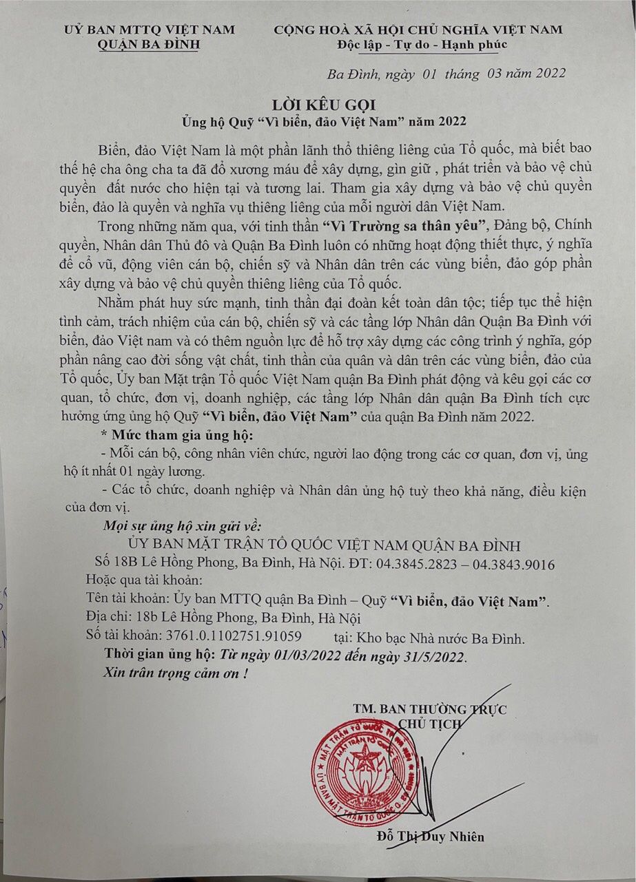 Lời kêu gọi Ủng hộ Quỹ “Vì biển, đảo Việt Nam” năm 2022