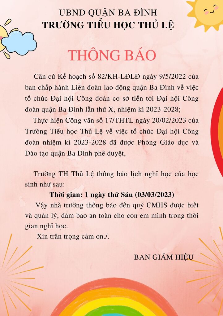 Thông báo lịch nghỉ Đại hội Công đoàn Trường TH Thủ Lệ nhiệm kì 2023-2028