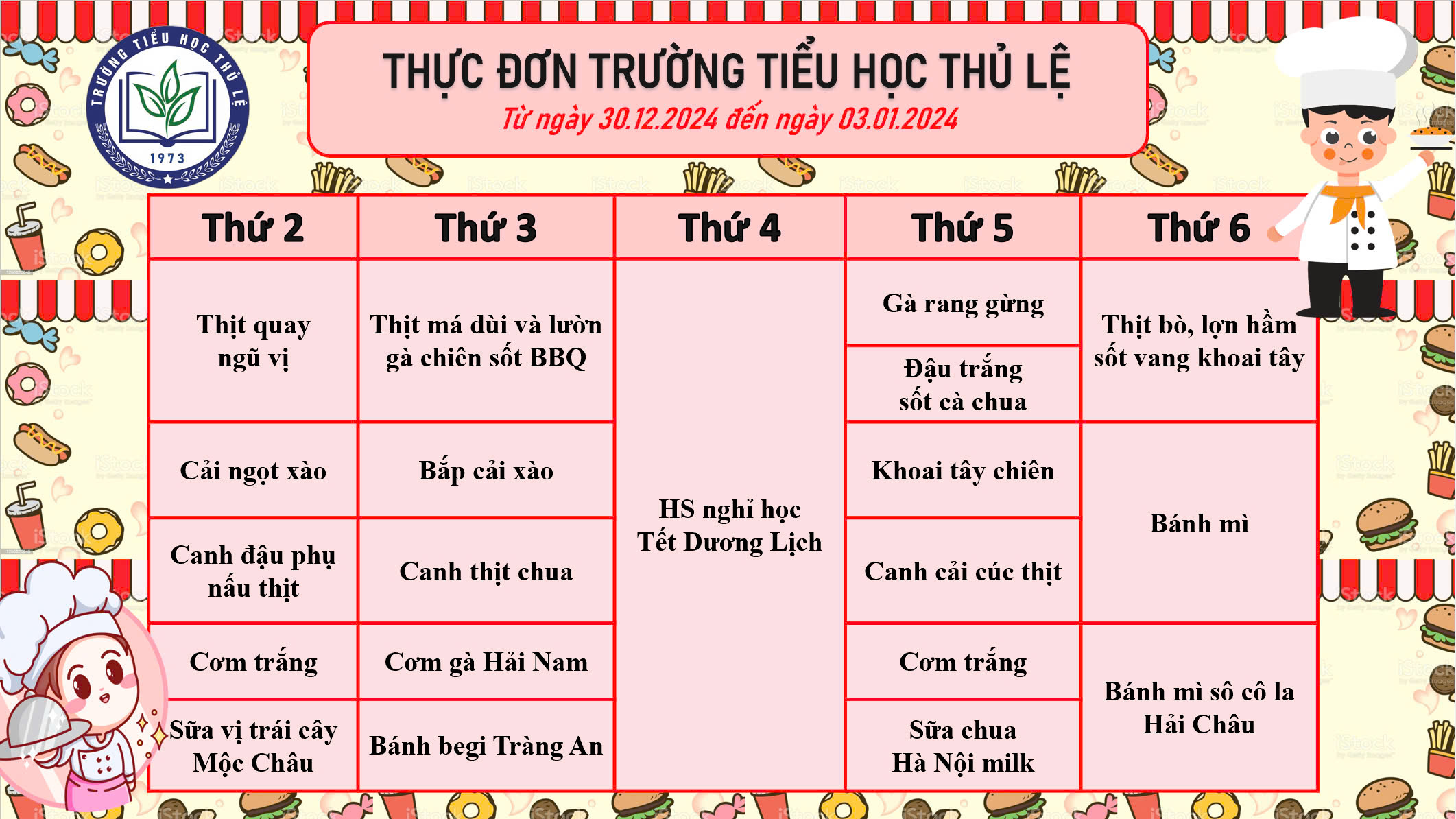 Thực đơn tuần 1 - Tháng 1/2025