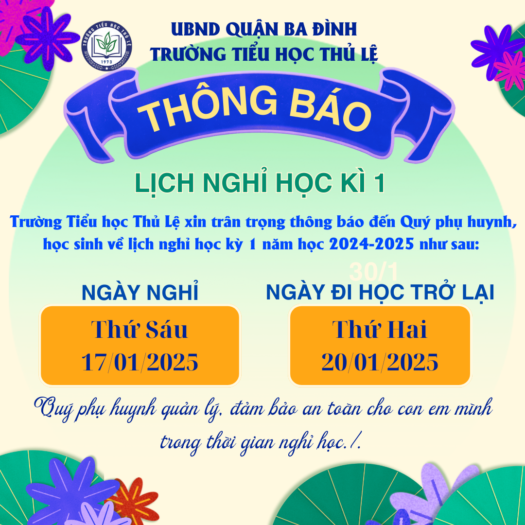 Thông báo lịch nghỉ học kì 1 năm học 2024-2025
