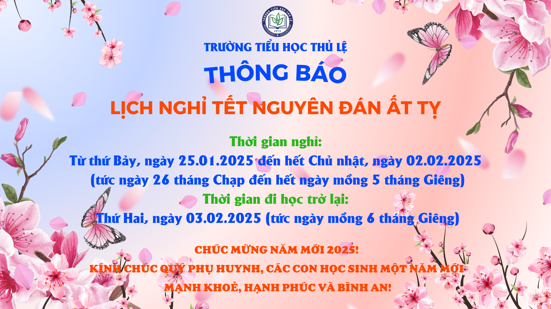 Thông báo lịch nghỉ Tết Nguyên Đán Ất Tỵ
