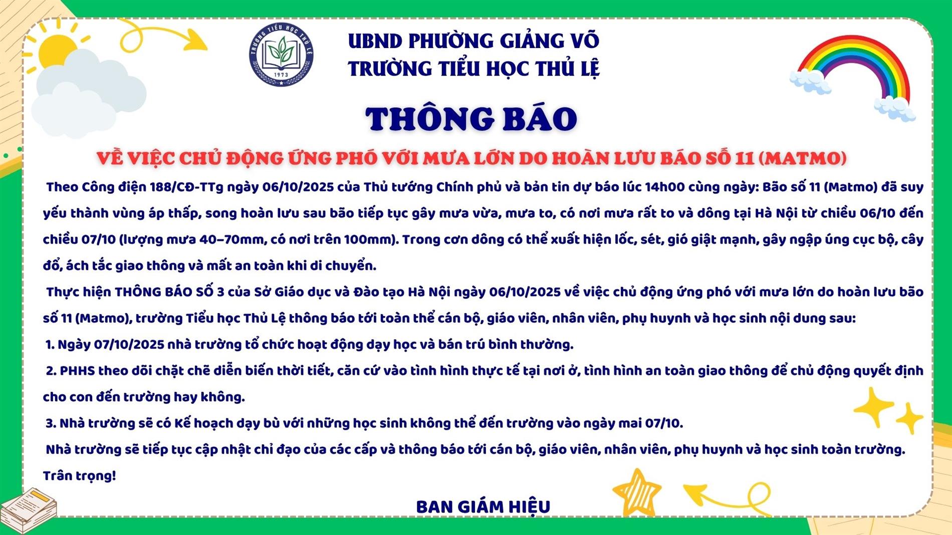 Thông báo: Về việc chủ động ứng phó với mưa lớn do hoàn lưu bão số 11 (Matmo)