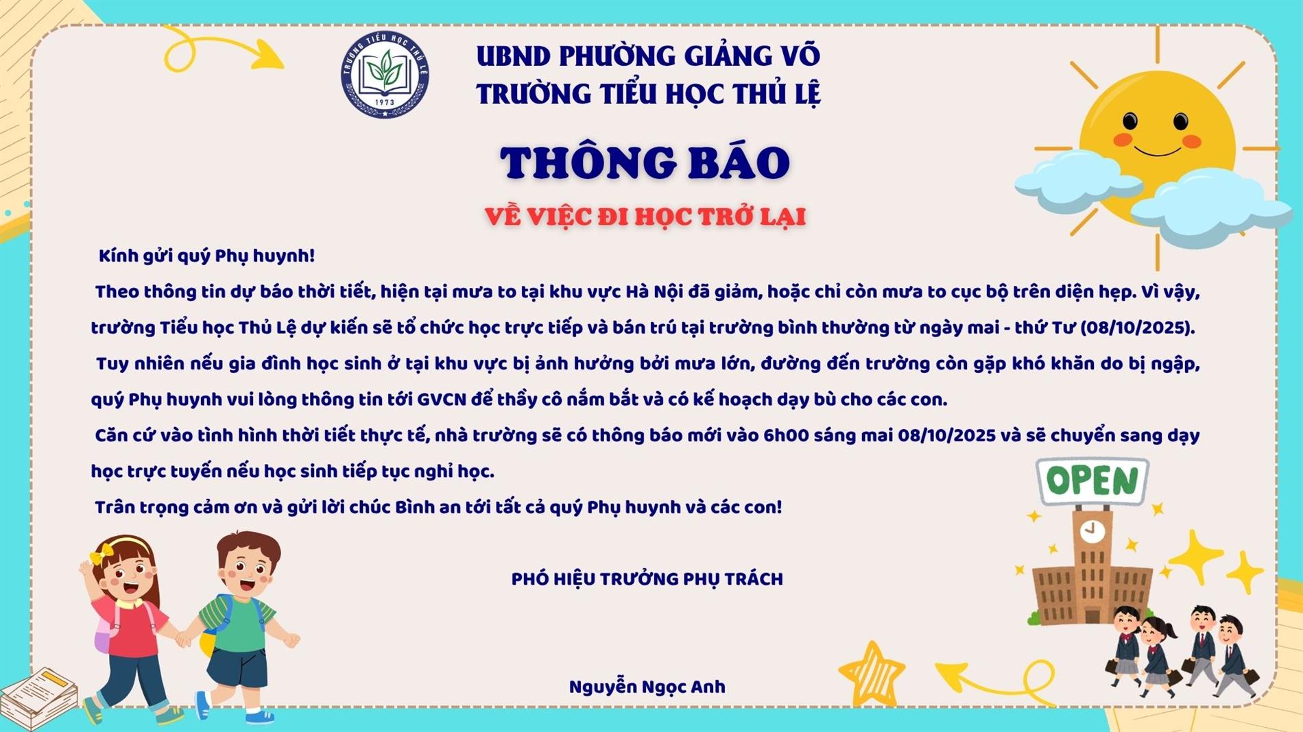 Thông báo: Về việc đi học trở lại.