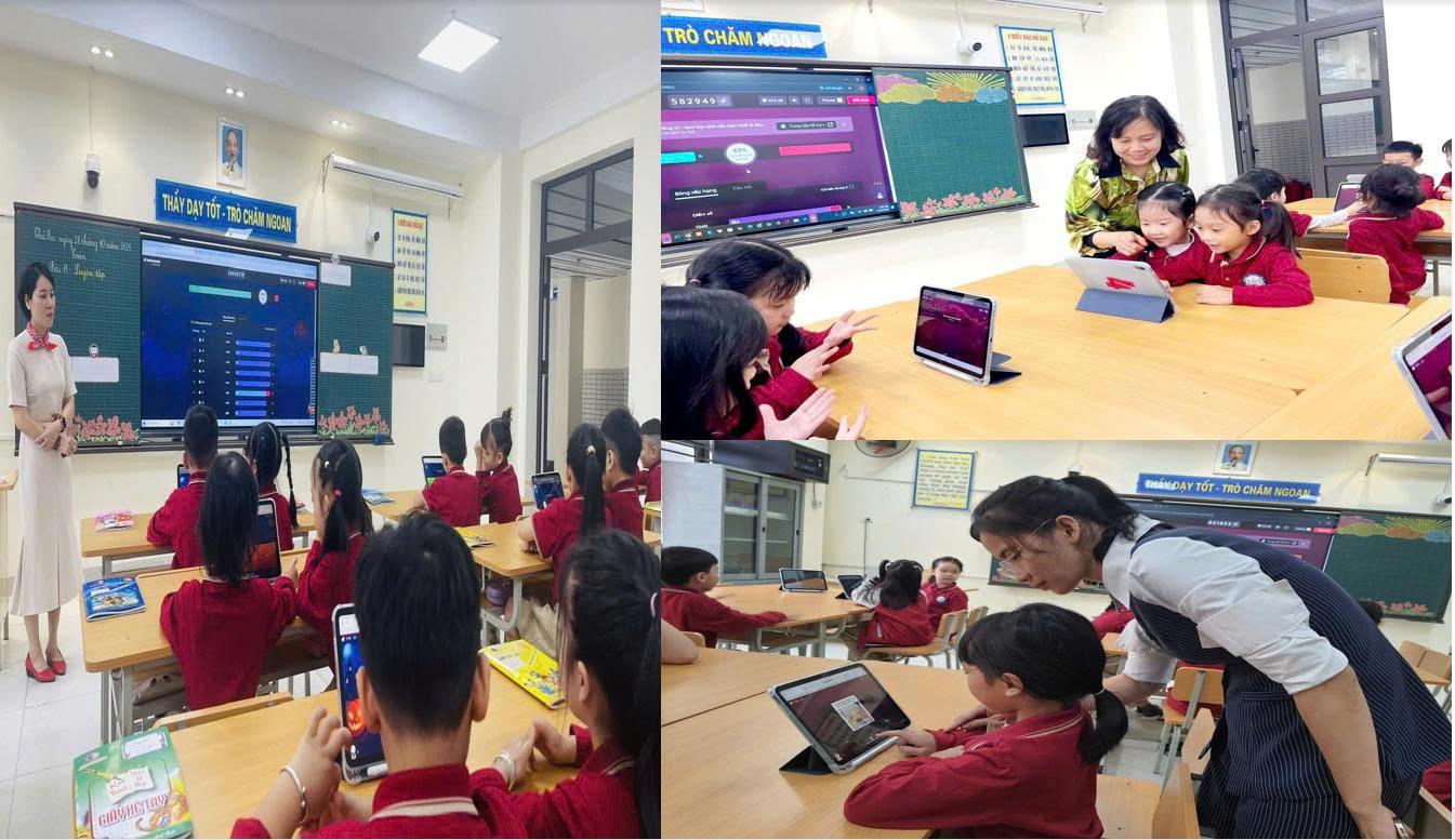 Cô và trò khối 1 hào hứng tham gia tiết Chuyên đề, Hội giảng, sử dụng Ipad trong tiết học chào mừng 43 năm Ngày Nhà giáo Việt Nam.