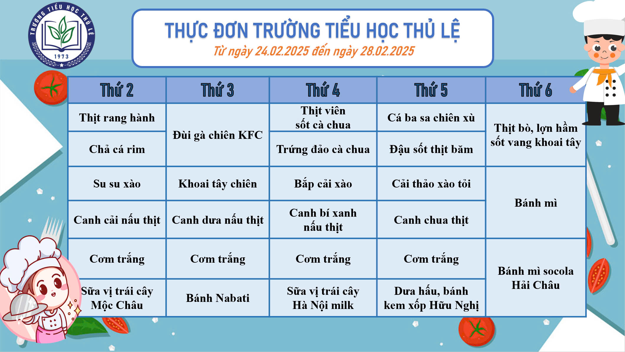 Thực đơn tuần 4 - Tháng 2/2025
