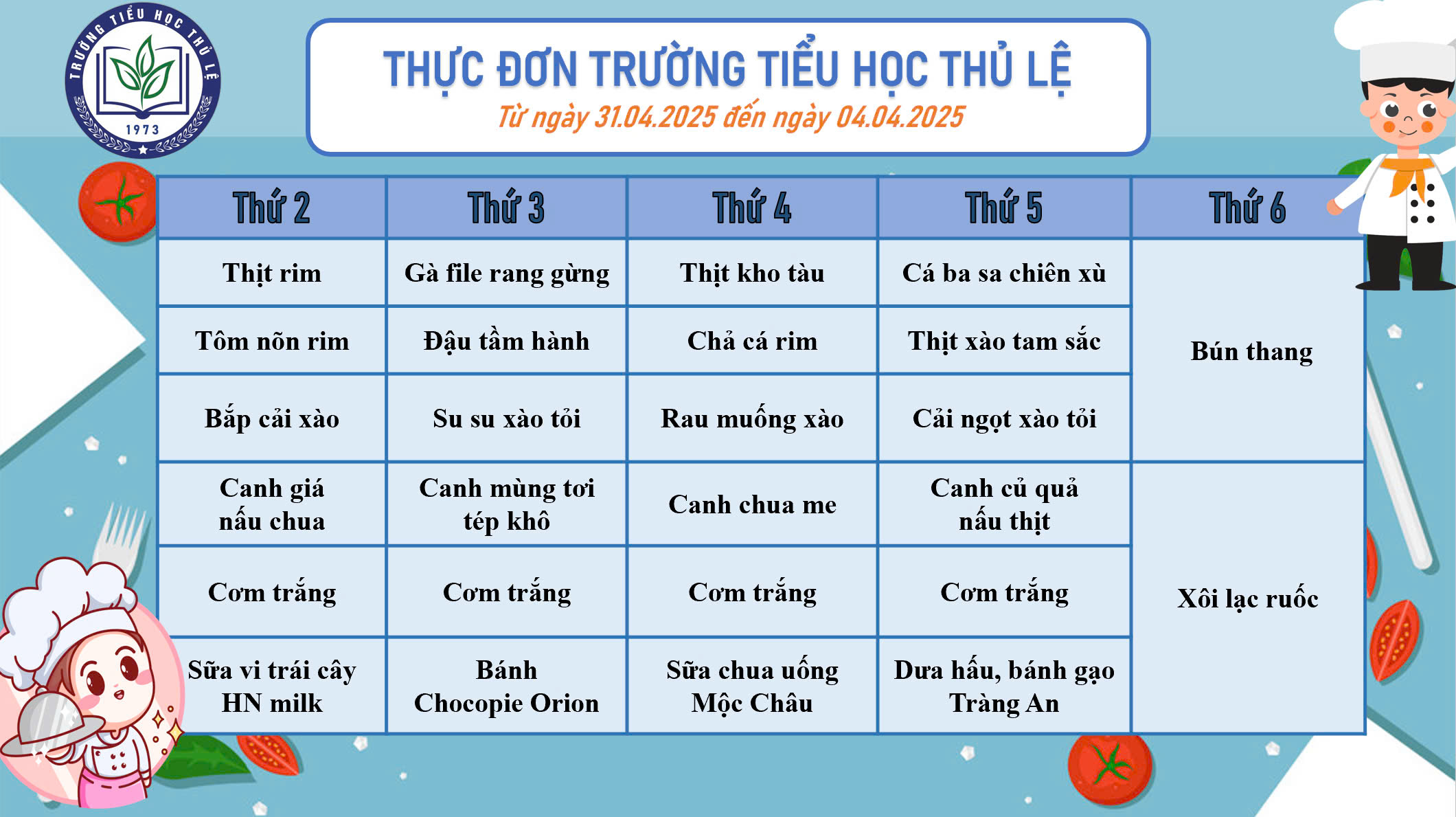 Thực đơn tuần 1 - Tháng 4/2025