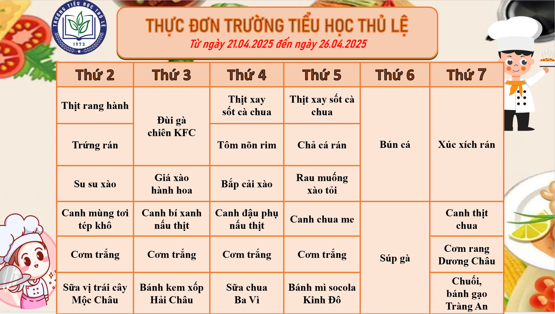 Thực đơn tuần 4 - Tháng 4/2025