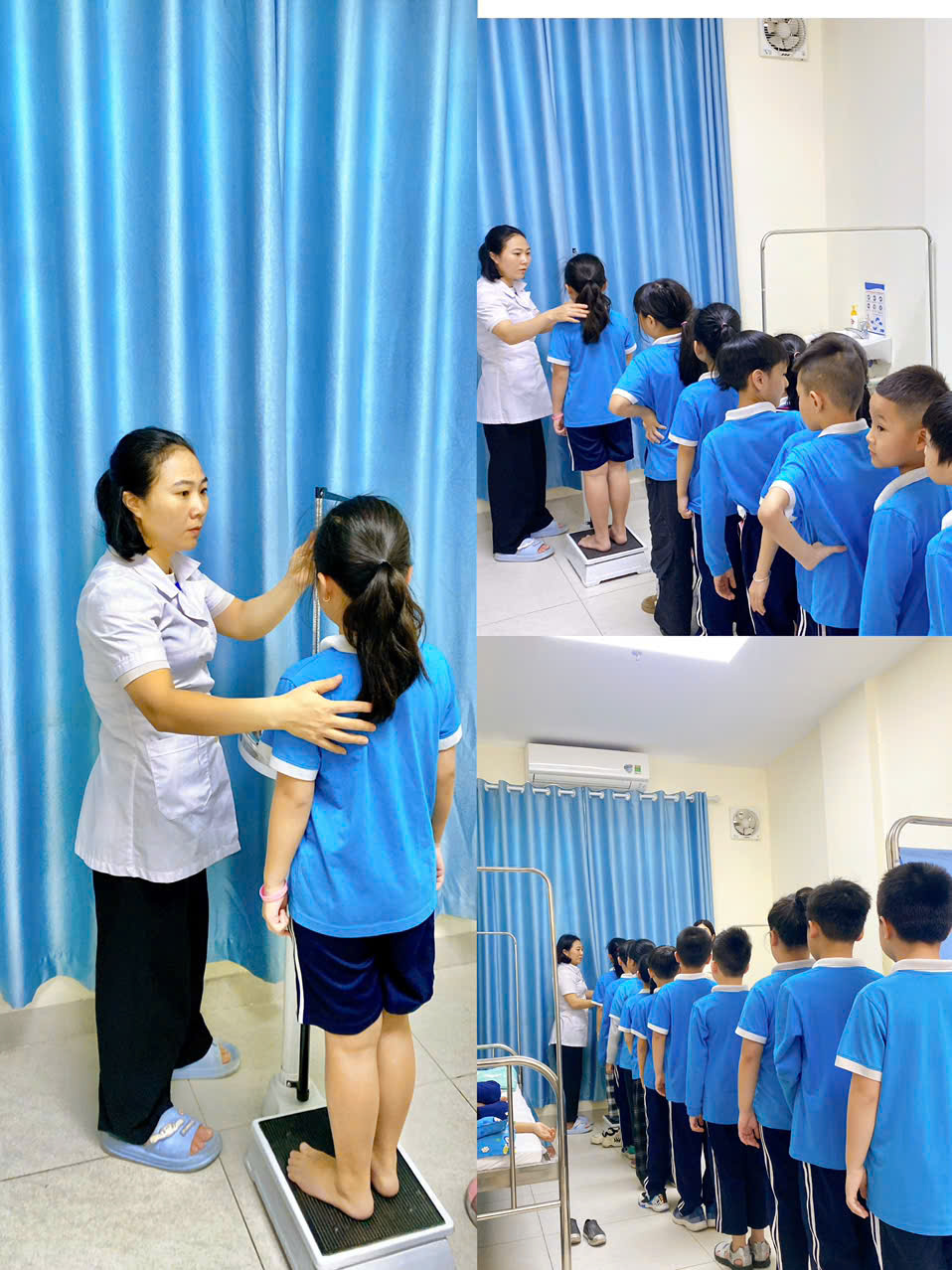 Nhân viên Y tế đo chiều cao và cân nặng cho học sinh cuối năm học 2024-2025
