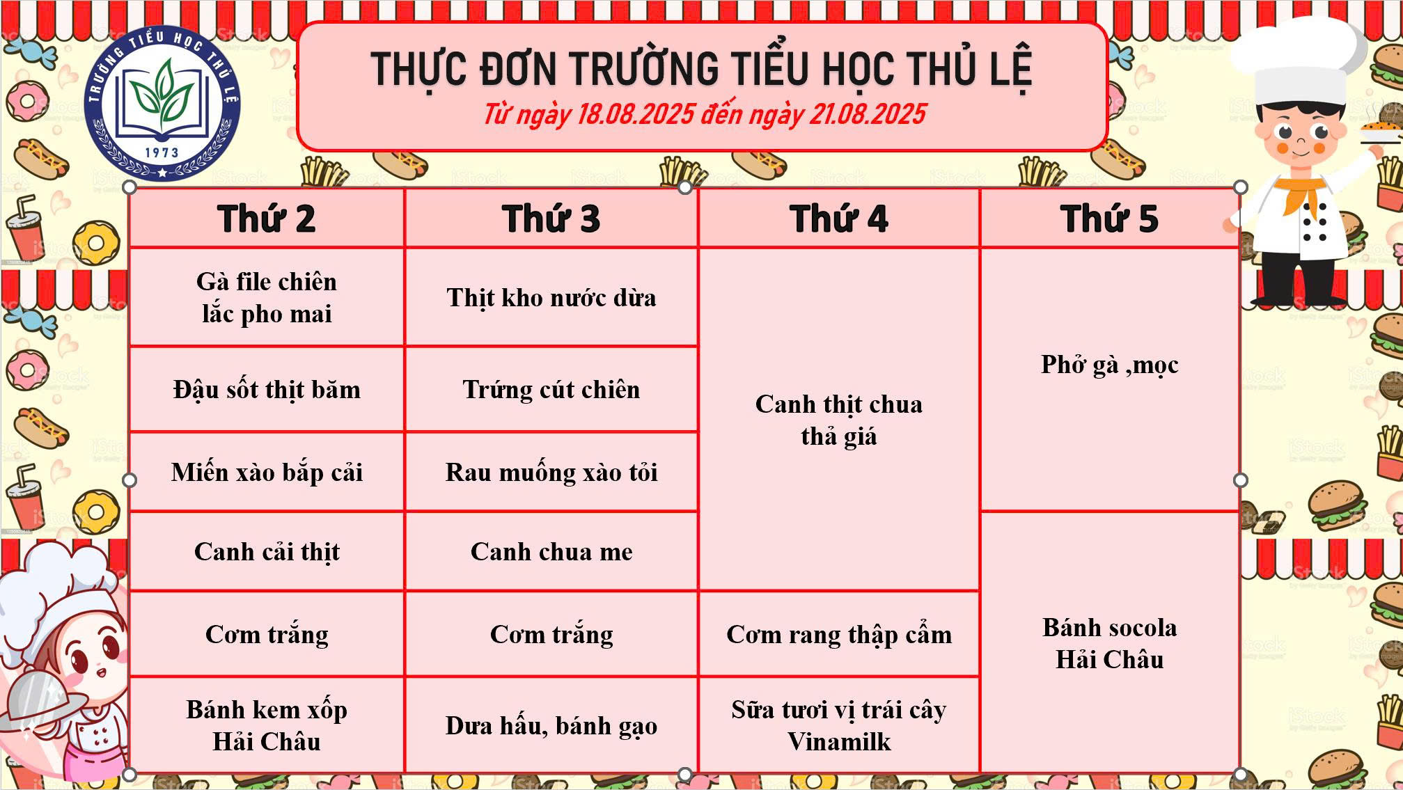 Thực đơn tuần 4 - Tháng 8/2024