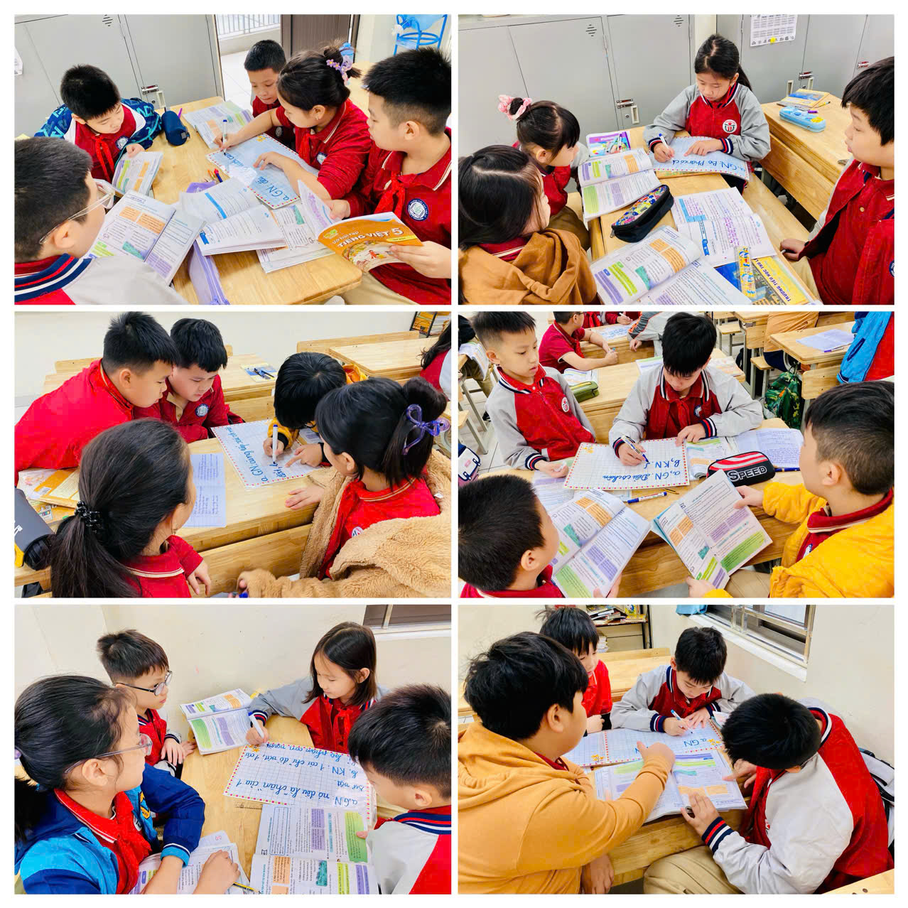 A group of children studying at a desk
Description automatically generated